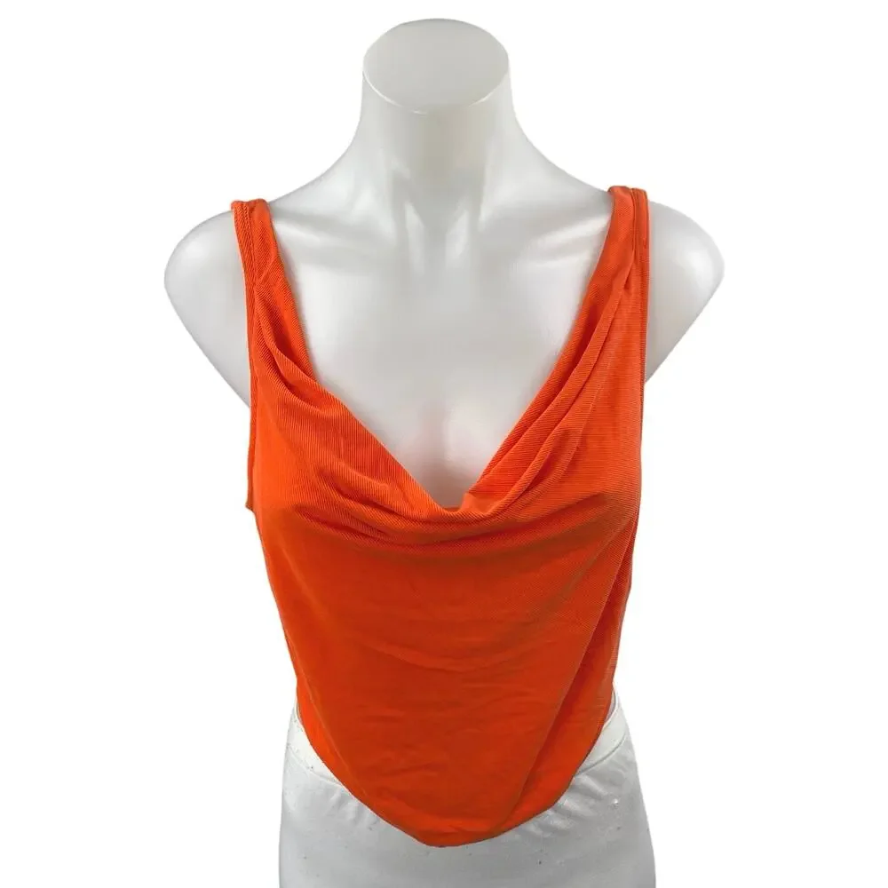 Urban Outfitters Women's Orange Rib Knit Sleeveless Cowl Neck Crop Tank Top Sz S